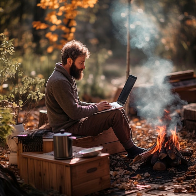 People working on a laptop outdoors photo