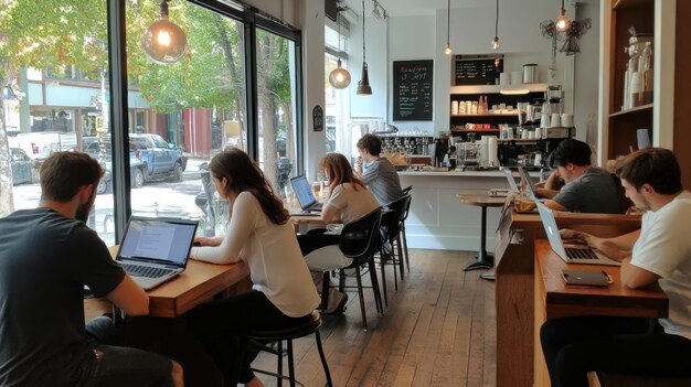 Photo people working on laptops in a cafe