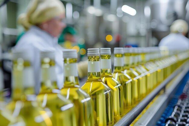 People working in the line of production of white wine