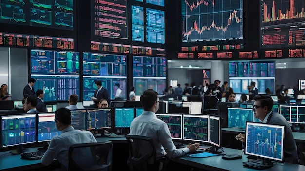 people working in a office fully crowded with people and computer screens showing charts