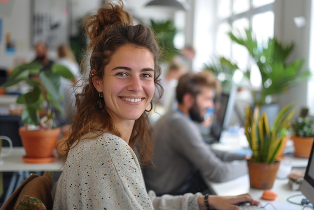 Photo people working in an office smiling at the camera