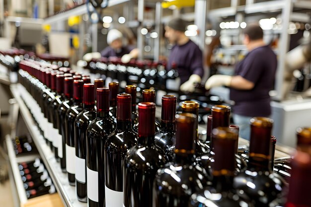 People working on the production line of red wine