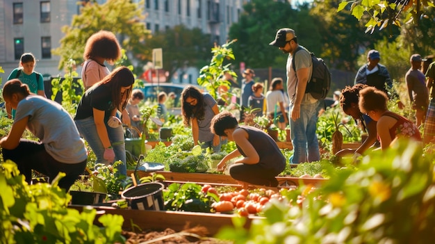 People Working Together in Lush Urban Community Garden