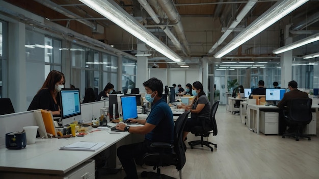 People in workspace social distancing