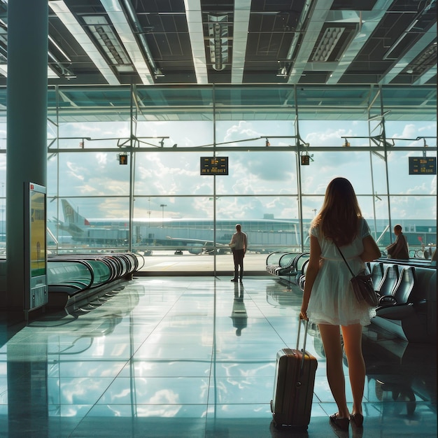 Peoples activities inside the airport with blurred objects of employees and prospective passengers