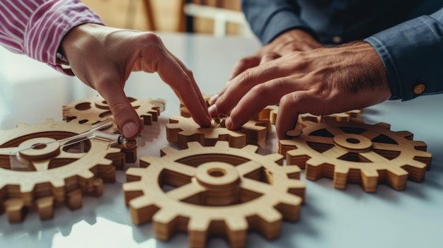 Photo peoples hands engaging with large interlocking wooden gears on a white surface symbolizing teamwork and collaboration