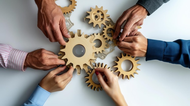 Photo peoples hands engaging with large interlocking wooden gears on a white surface symbolizing teamwork and collaboration