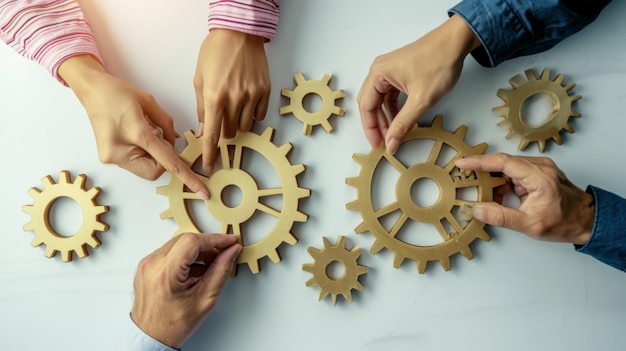 Photo peoples hands engaging with large interlocking wooden gears on a white surface symbolizing teamwork and collaboration