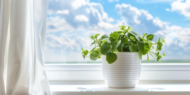 Peperomia in Flowerpot on White Sun Window Philodendron House Plant in Flowerpot Copy Space