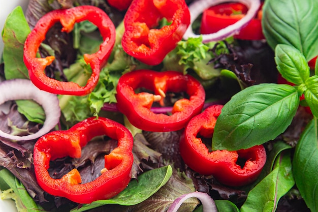 pepper paprika salad vegetable sweet green leaves fresh dish healthy meal food snack on the table