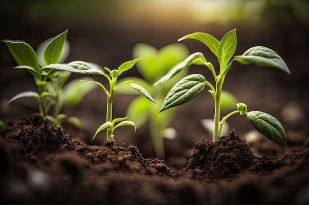 Pepper seedlings planted in the open land short depth of field Pepper plants at an early stage