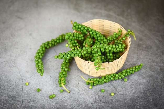 Peppercorns on basket, fresh green peppercorn seed for ingredients cuisine thai food herbs and spices