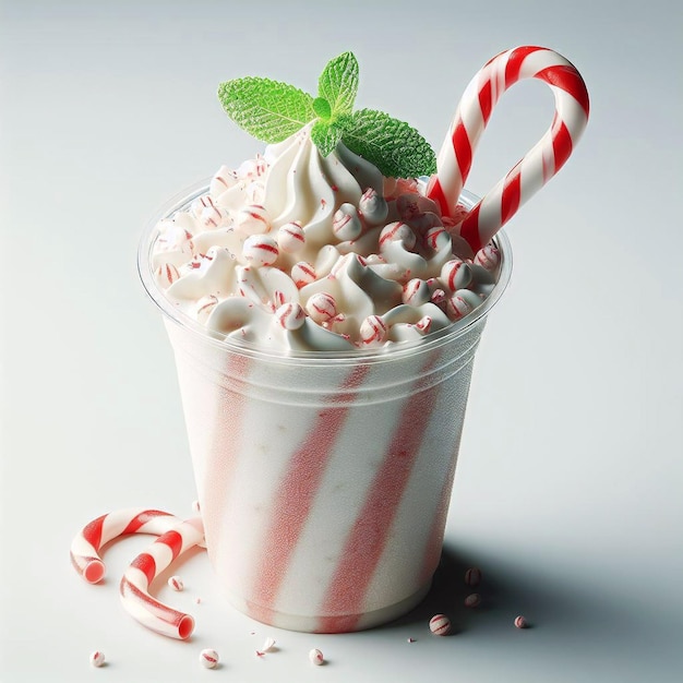 Peppermint Bark Milkshake on plastic cup isolated on white background