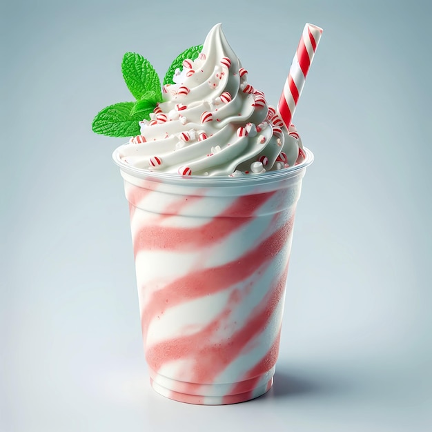 Peppermint Bark Milkshake on plastic cup isolated on white background