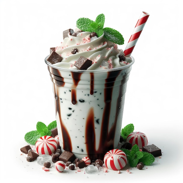 Peppermint Bark Milkshake on plastic cup isolated on white background