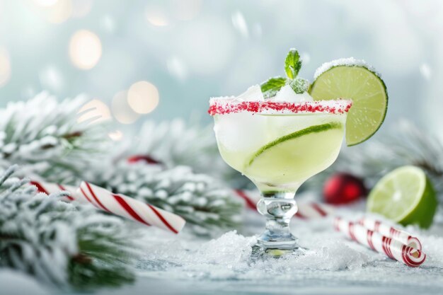 Peppermint Margarita with peppermint and lime served in a clear glass winter wonderland background