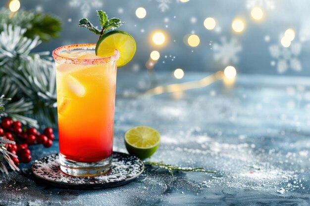 Peppermint Tequila Sunrise with peppermint and lime served in a tall glass winter wonderland