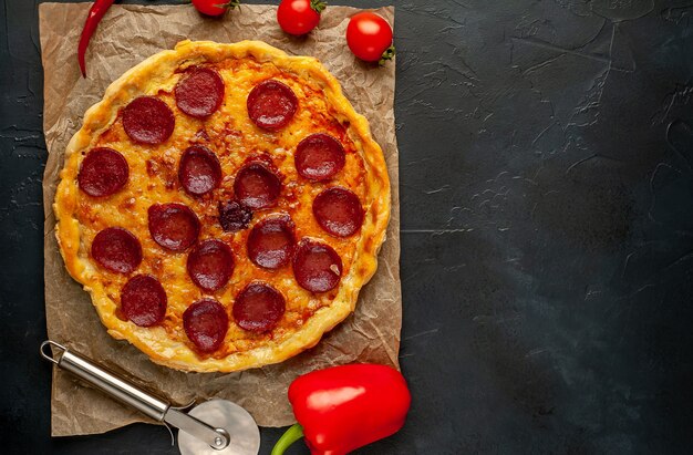 Pepperoni homemade pizza on stone background with copy space for your text.