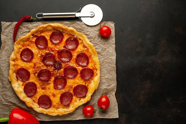 Pepperoni homemade pizza on stone background with copy space for your text.