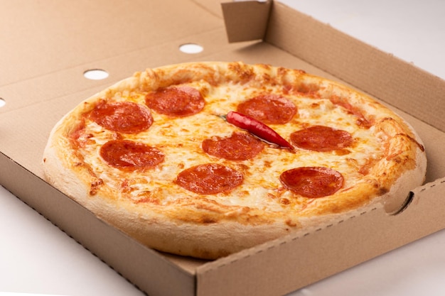 Pepperoni Pizza in box close up