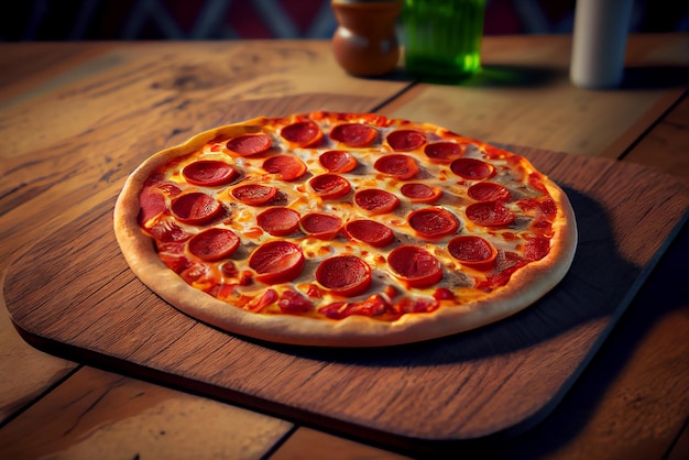 Pepperoni Pizza on Brown wood Illustration Generative AI