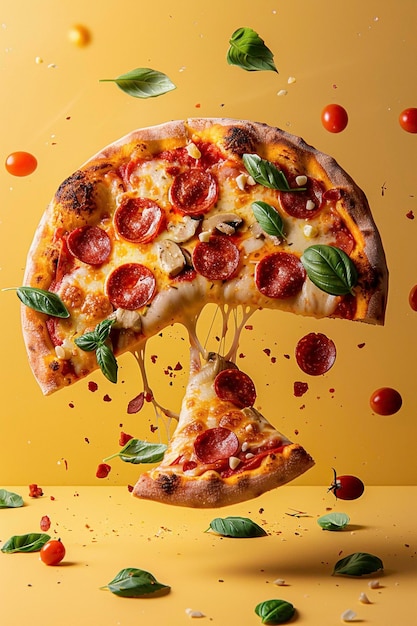 Pepperoni pizza flies in the air on a yellow background