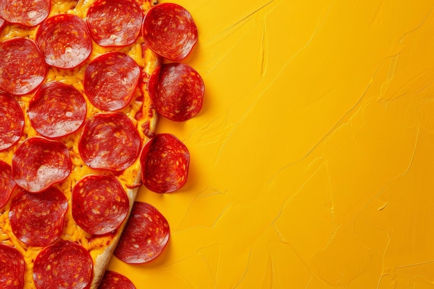 Pepperoni pizza slice on yellow background