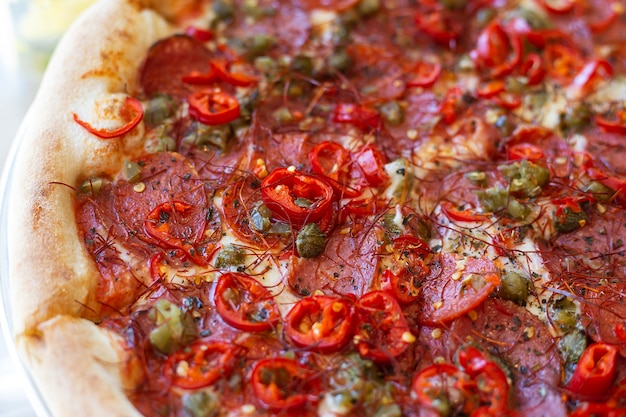 Pepperoni pizza with salami and jalapeno chili. Very spicy and delicious pizza.