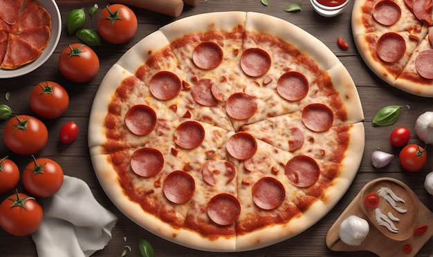 Pepperoni pizza on a wooden table with cooking ingredients in the background