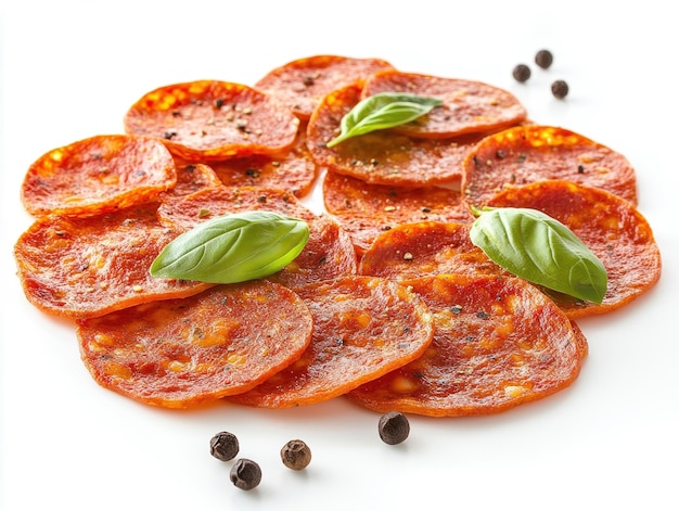 Pepperoni slices with basil leaves and peppercorns isolated on white backgroundxA