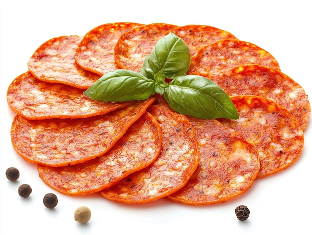 Photo pepperoni slices with basil leaves and peppercorns isolated on white backgroundxa