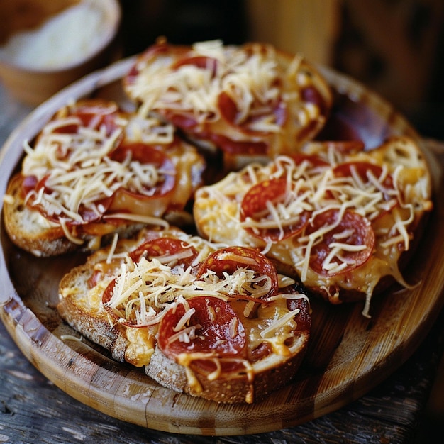 Photo pepperoni toast with cheese served on a bamboo plate