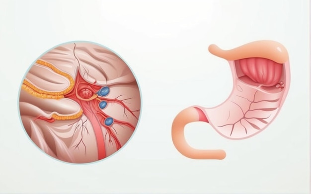 Peptic ulcer in stomach with detailed layers visualization Vector illustration cartoon style