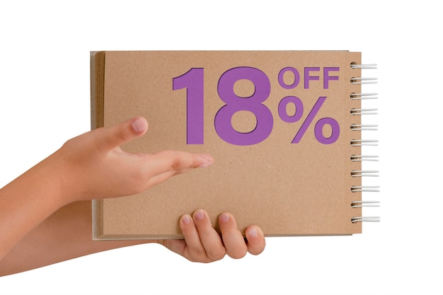 Percent discount on isolate notepad from recycled paper in the hands of a child with text sale up to