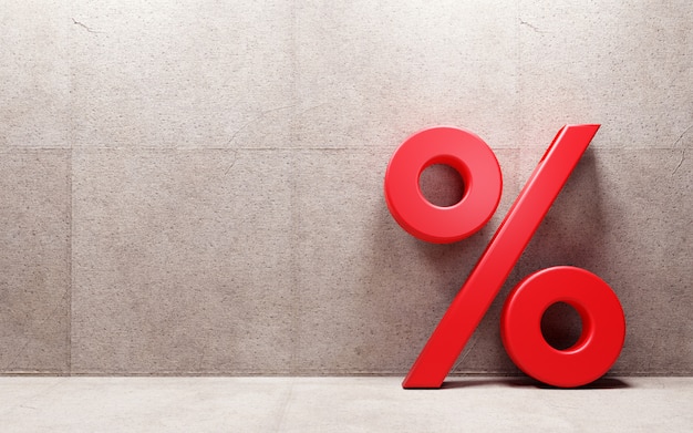 Percentage sign leaning on wall. 3d render