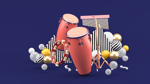 Percussion on colorful balls on purple. 3d rendering.