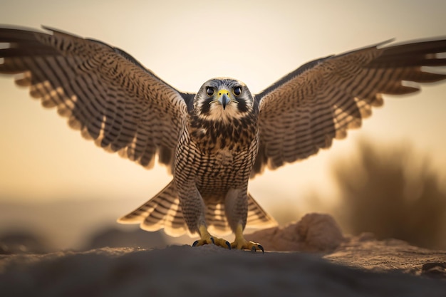 A peregrine falcon with its wings spread wide open.