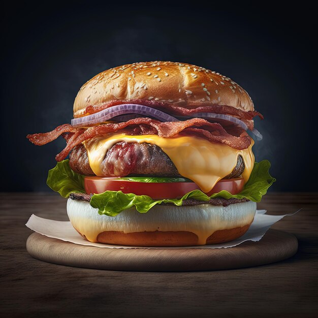 Perfect bacon cheese burger with beef tomato onion and fresh lettuce leaves dark background AI