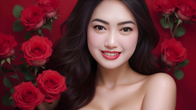 perfect beautiful face with flowers and red background