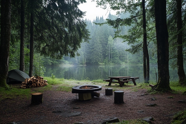 Photo perfect camping spot in a wooded area