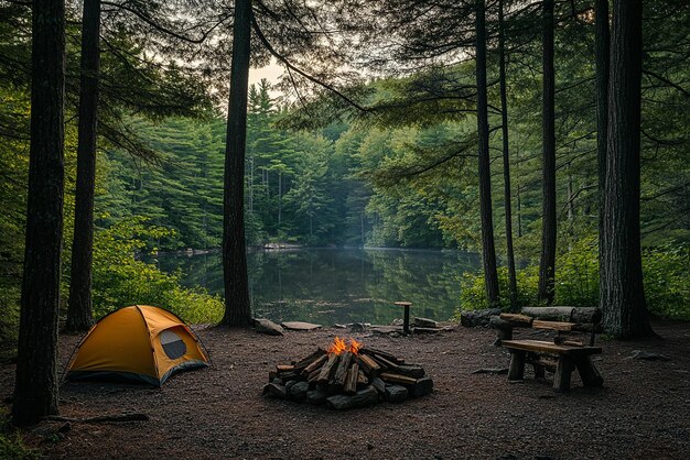 Photo perfect camping spot in a wooded area