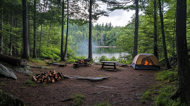 Photo perfect camping spot in a wooded area