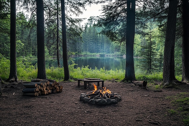 Photo perfect camping spot in a wooded area