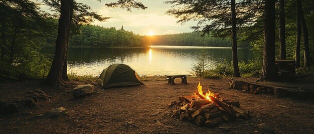 Photo perfect camping spot in a wooded area