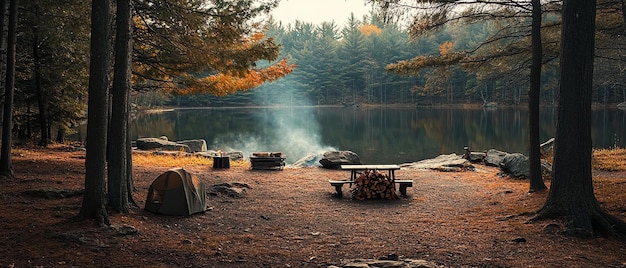 Photo perfect camping spot in a wooded area