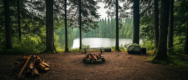 Photo perfect camping spot in a wooded area