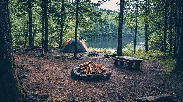 Photo perfect camping spot in a wooded area