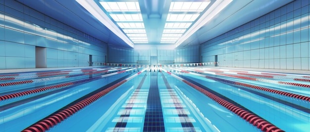 Photo a perfect capture of an empty pristine indoor swimming pool with clear waters lanes and bright lighting ready for a swim