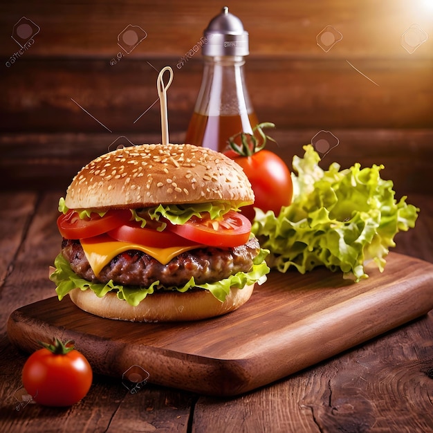 Perfect cheese burger with vegetables on wooden table