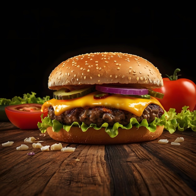 Perfect cheese burger with vegetables on wooden table